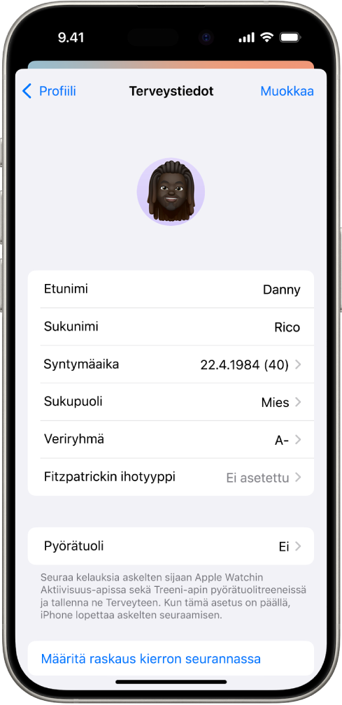 Terveystiedot-näyttö, jossa on nimen, syntymäpäivän ja veriryhmän kentät sekä muita tietoja.