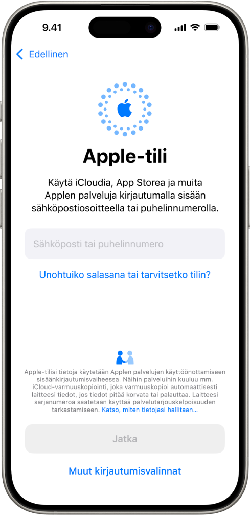 Apple-tilin sisäänkirjautumisnäkymä.