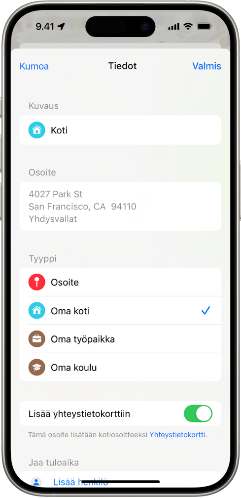 Kartat-appi, jossa näkyy tietonäyttö sekä vaihtoehdot kodin, työpaikan tai koulun osoitteen asettamiseksi.