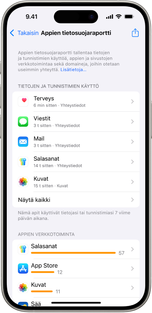 Appien tietosuojaraportissa on luetteloituna Tietojen ja tunnistimien käyttö -kategorian appeja sekä tietoja Appien verkkotoiminta -kategorian apeista.