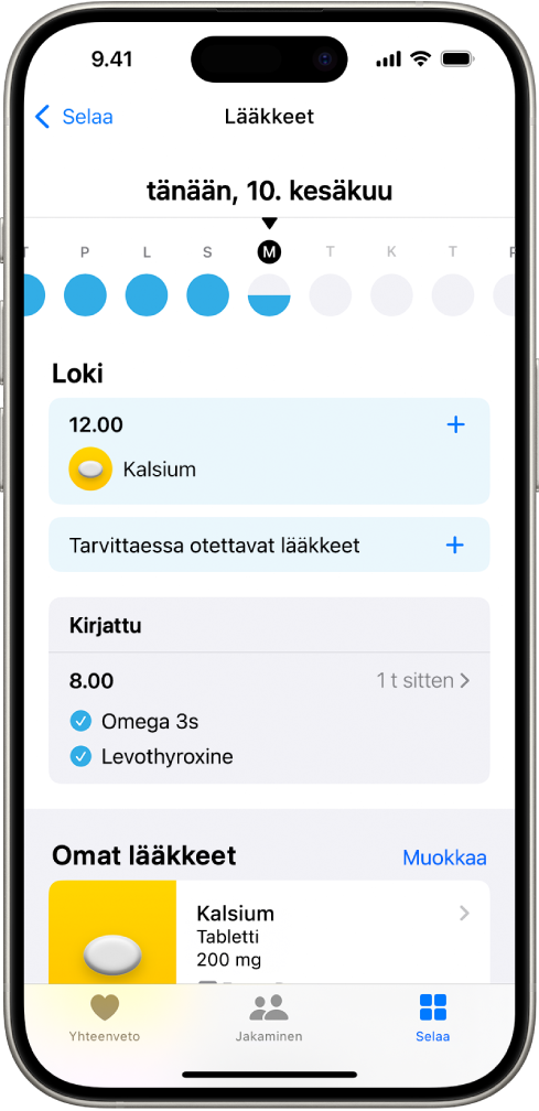 Terveys-apin Lääkkeet-näyttö, jossa näkyvät lääkkeiden päivämäärät ja kirjaukset.
