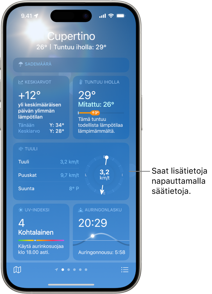 Sää-näyttö, jossa näkyy sijainti yläreunassa sekä nykyinen lämpötila ja säätila sen alapuolella. Näytöllä on myös säätietoja ilmanlaadusta, sademääristä, UV-indeksistä ja auringonlaskusta.