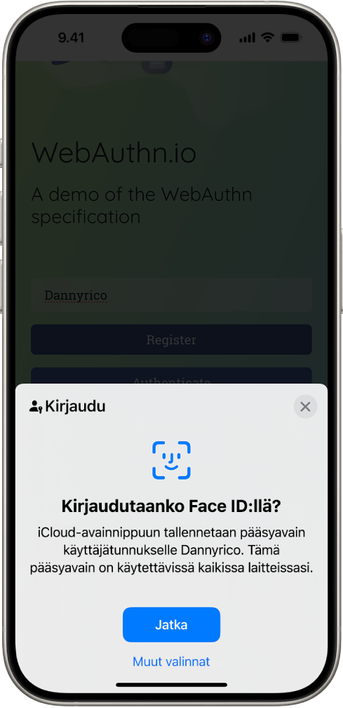 iPhonen näytön alareunassa annetaan mahdollisuus käyttää pääsyavaimia verkkosivustolle kirjautumiseen. Siinä on Jatka-painike pääsyavaimen tallentamiseen ja Muut valinnat -painike.