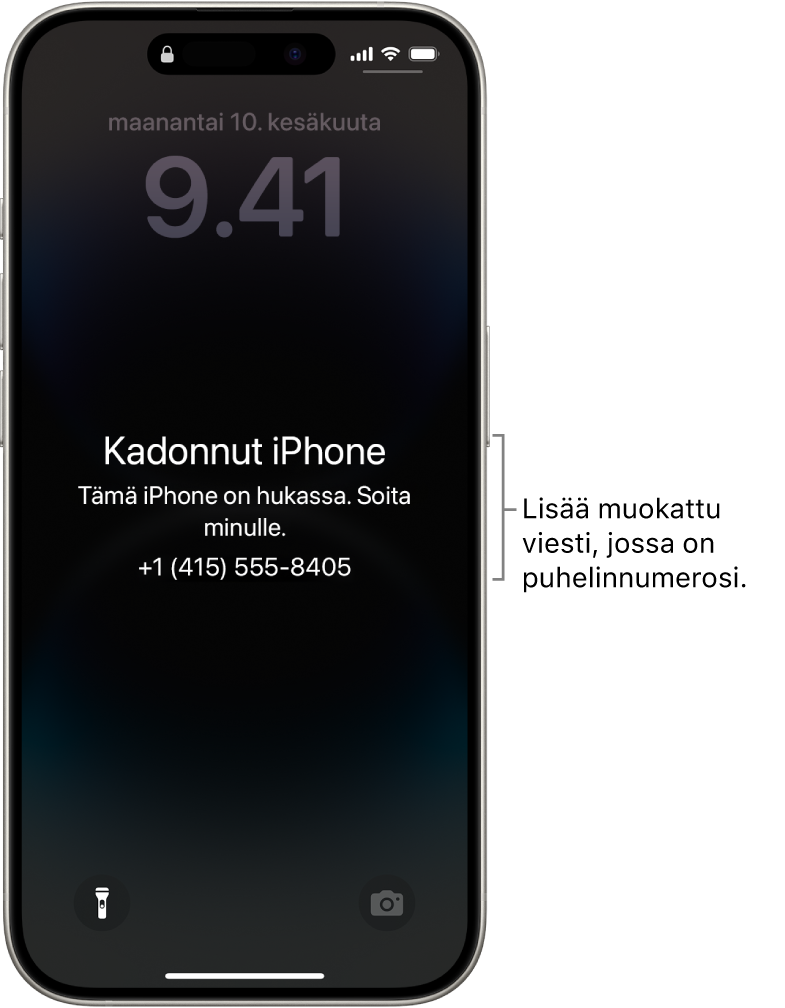 iPhonen lukittu näyttö, jossa on viesti kadonneesta iPhonesta. Voit lisätä muokatun viestin ja puhelinnumerosi.
