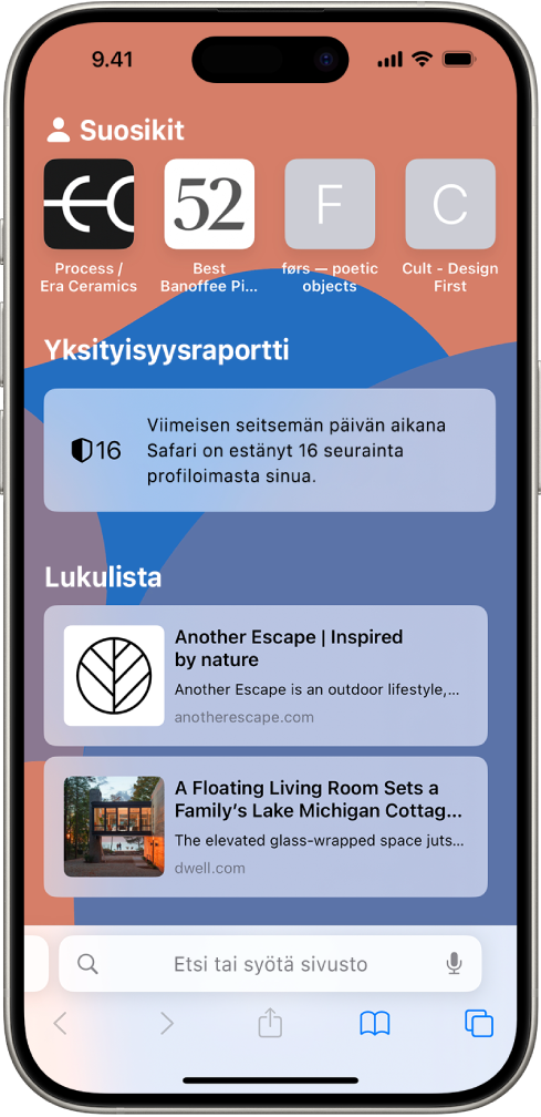 Safarin aloitussivu, jolla näkyvät suosikkiverkkosivustot, yksityisyysraportti ja lukulistaan tallennetut verkkosivustot.