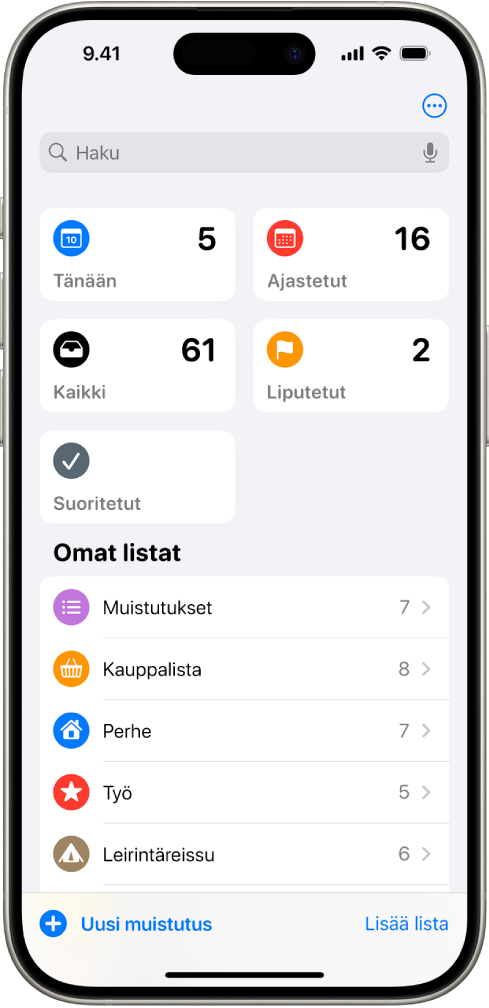 Muistutukset-näytössä näkyy yläreunassa älykkäitä listoja ja alla tavallisia listoja.
