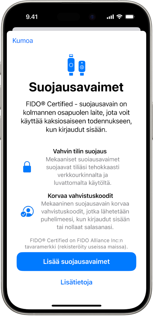 Suojausavainten tervetulonäkymä. Lähellä alareunaa ovat Lisää suojausavaimia ‑painike ja Lisätietoja-linkki. Niiden yläpuolella on tekstiä, jossa selitetään suojausavainten käytön hyödyt.