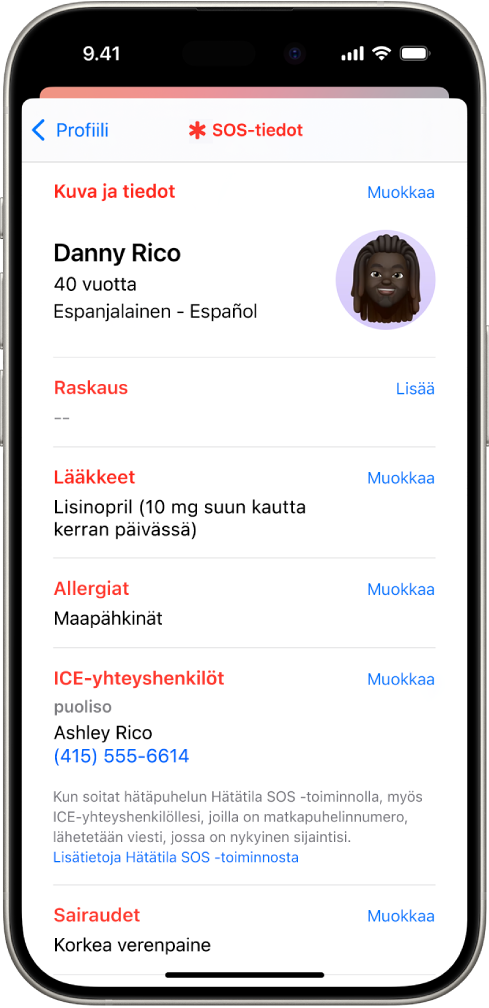 SOS-tietojen näyttö, jossa kerrotaan muun muassa syntymäaika, lääkitykset, allergiat, ICE-yhteyshenkilöt ja sairaudet.