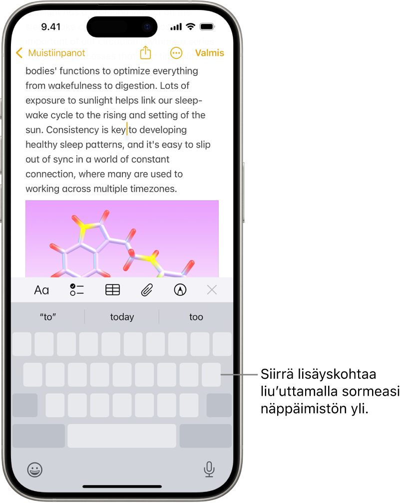 Muistiinpanot-apissa on auki dokumentti. Näytön alareunassa oleva näytöllä näkyvä näppäimistö on ohjauslevytilassa.