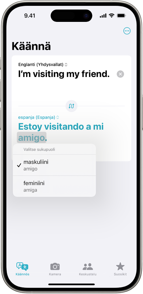 Käännä-välilehti, jolla näkyy englannista espanjaan käännetty lause ja harmaalla korostettuna sana, jonka alla näkyvät lueteltuina sen eri sukupuolia merkitsevät muodot.