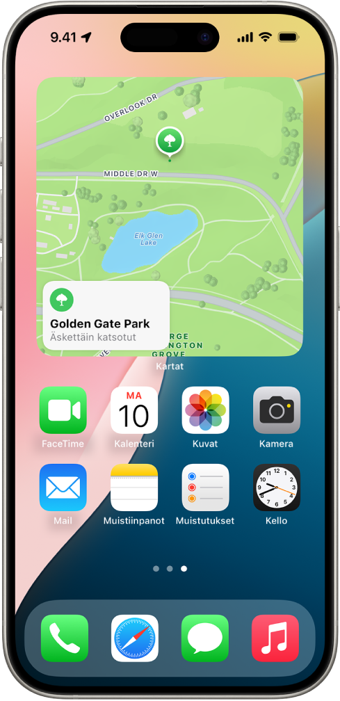 Kartat-widgetti, muut widgetit ja appikuvakkeet iPhonen Koti-valikossa.