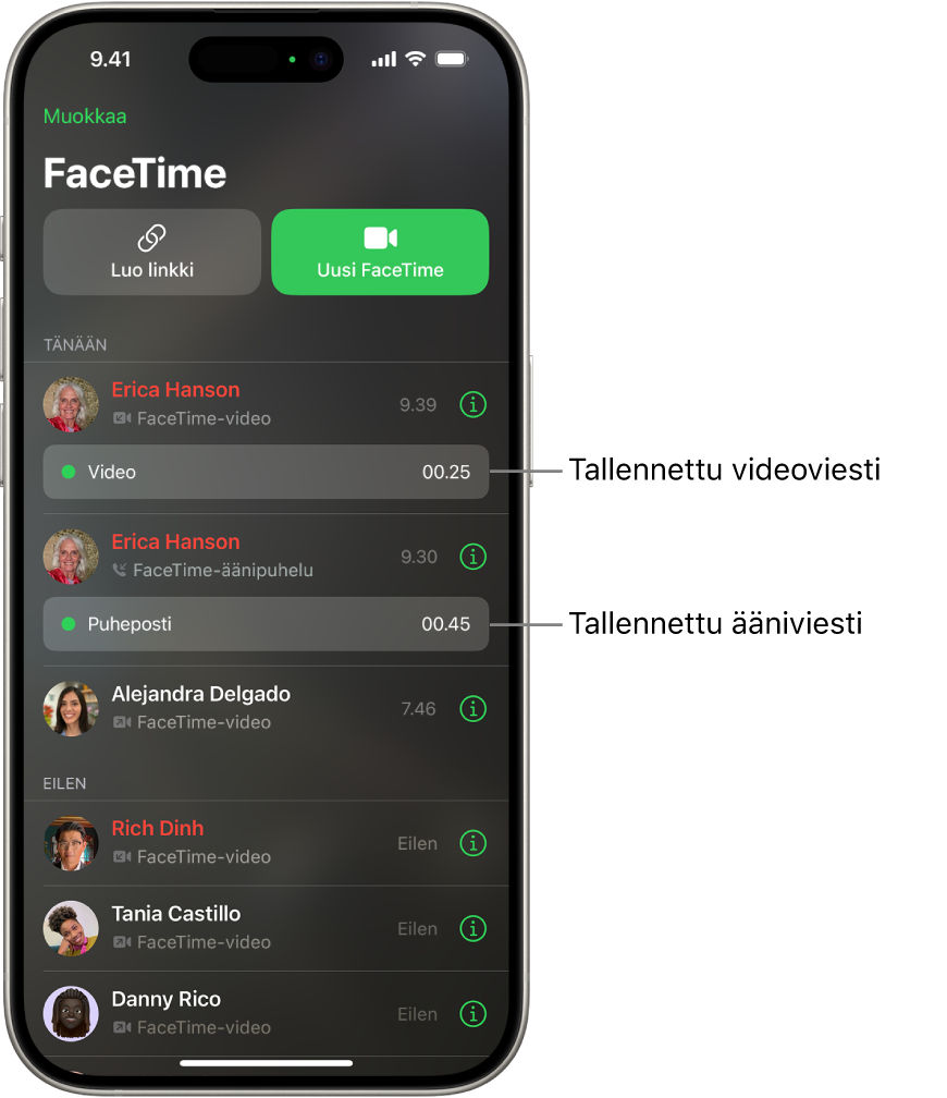 FaceTime-puheluhistoria, jossa on linkit tallennettuun videoviestiin ja puhepostiin.