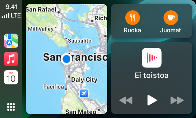 CarPlay Dashboard, jonka sivupalkissa ovat Kartat-, Musiikki- ja Viestit-kuvakkeet. Oikealla ovat Apple Parkin kartta, navigointi-ikkuna ja toistoikkuna.