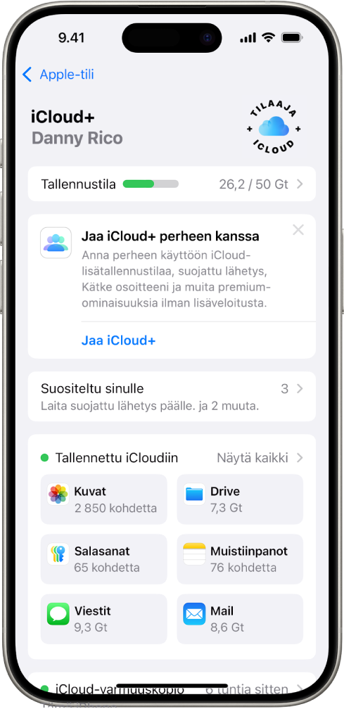 iCloud-asetusnäyttö, jossa näkyy iCloud-tallennustilan mittari, sekä luettelo ominaisuuksista, joita voidaan käyttää iCloudin kanssa – kuten Kuvat, iCloud Drive ja iCloud-varmuuskopiointi.
