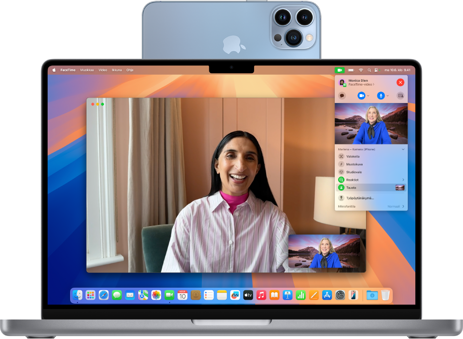MacBook Pro, joka käyttää iPhonea verkkokamerana ja jossa näkyy FaceTime-keskustelu.
