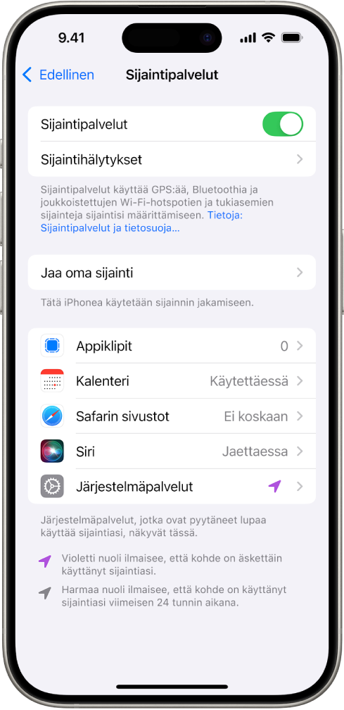 Sijaintipalvelut-näyttö, jossa ovat asetukset iPhonen sijainnin jakamiselle apeille.