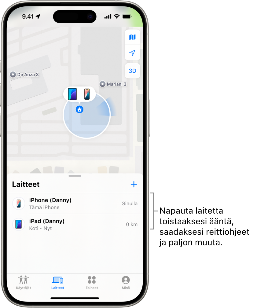 Etsi­apin näytöllä näkyy Laitteet-luettelo. Laitteet-luettelossa on kaksi laitetta: Dannyn iPhone ja Dannyn iPad. Niiden sijainnit näkyvät kartalla.