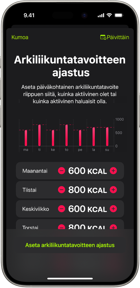 Kuntoilu-apin Arkiliikunta­tavoitteen ajastus -näyttö, jossa näkyvät painikkeet liikkumistavoitteen suurentamiseksi tai pienentämiseksi eri viikonpäivinä.