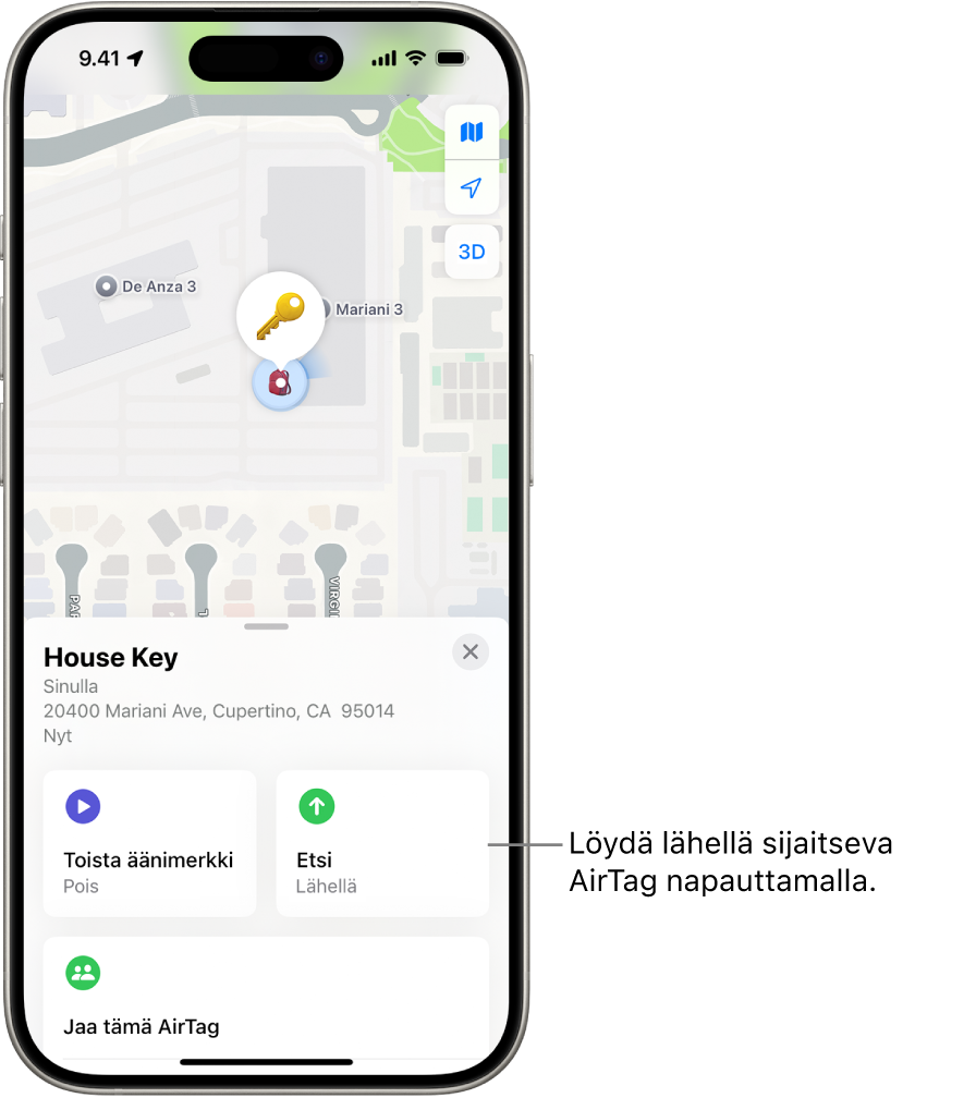 Etsi-appi on avattuna ja näyttää Dannyn avainten sijainnin Golden Gaten puistossa. Napauttamalla Etsi-painiketta voit hakea lähellä olevan AirTagin.