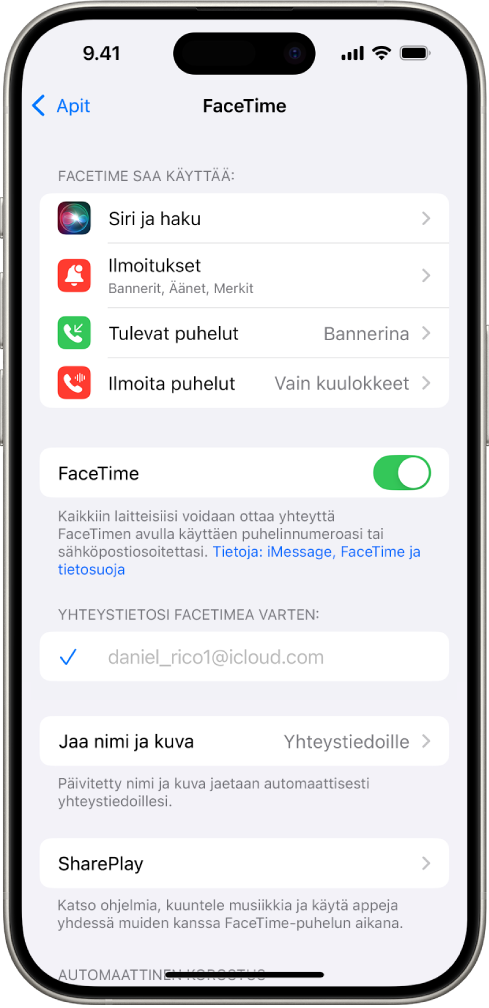 FaceTime-asetusnäyttö, kytkin FaceTimen laittamiseen päälle tai pois sekä kenttä, jossa on Apple-tili FaceTimelle.
