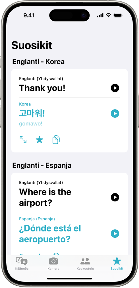 Suosikki-välilehti, jolla näkyvät tallennetut englannista koreaan ja englannista espanjaan käännetyt lauseet.
