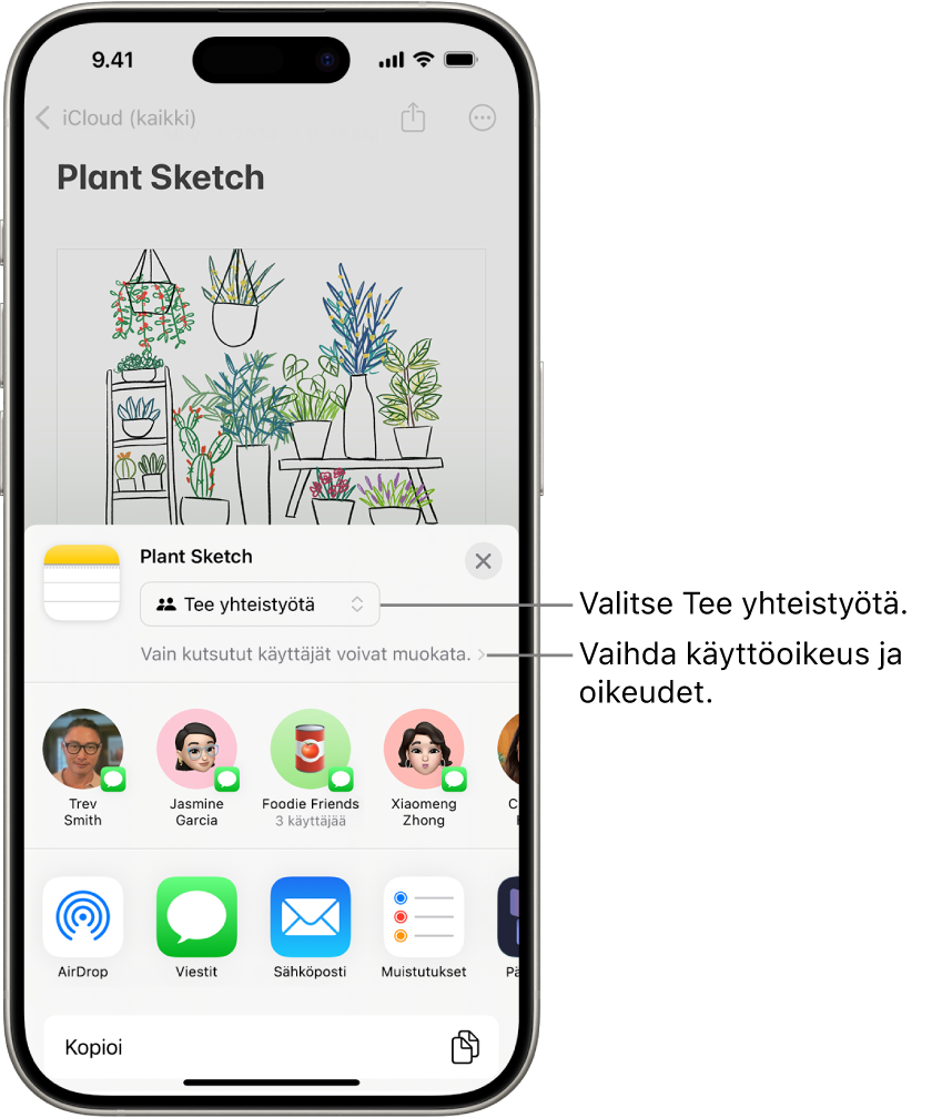 Yhteistyökutsu Muistiinpanoissa olevaan piirrokseen. Kutsussa näkyy jakotoimintona yhteistyö ja ”Vain kutsutut voivat muokata” pääsy- ja käyttöoikeusasetuksena. Sen alapuolisella rivillä on neljä mahdollista vastaanottajaa, joissa on yksi ryhmä. Alarivissä tarjotaan eri tapoja muistiinpanon jakamisen: AirDrop, Viestit, Mail ja Freeform.
