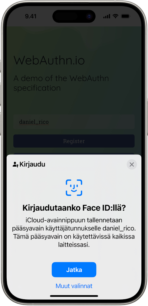 Sisäänkirjautumisnäkymä, joka tulee näkyviin, kun tilille tallennetaan pääsyavain. Jatka- ja Muut valinnat -painikkeet ovat näytön alareunassa.