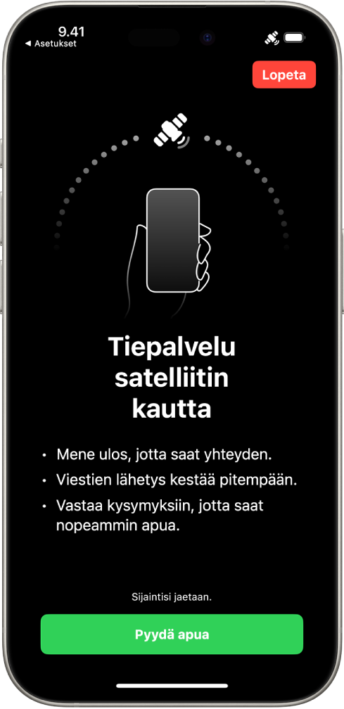 Tiepalvelut satelliitin kautta ‑näyttö. Avun pyytämispainike on näytön alareunassa.