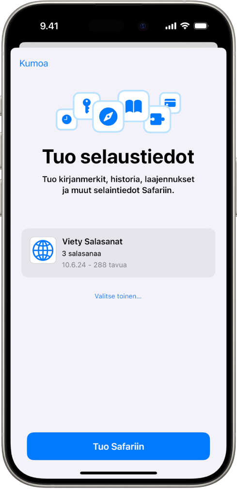 Tuo selaustiedot -näyttö, jossa tuodaan salasanoja sisältävä CSV-tiedosto toisesta salasanojen hallintatyökalusta.