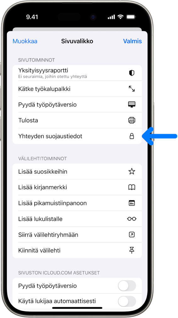 Sivun asetukset -valikko on avoinna Safarissa ja Yhteyden suojaustiedot -säädin näkyy sivun puolessavälissä.