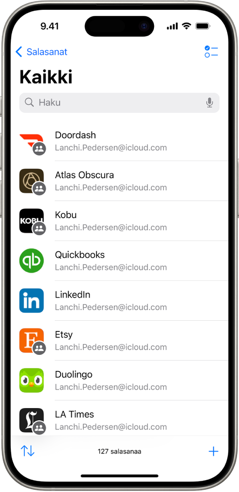 Kaikkien niiden tilien luettelo, joiden salasana on tallennettu Salasanat-appiin.