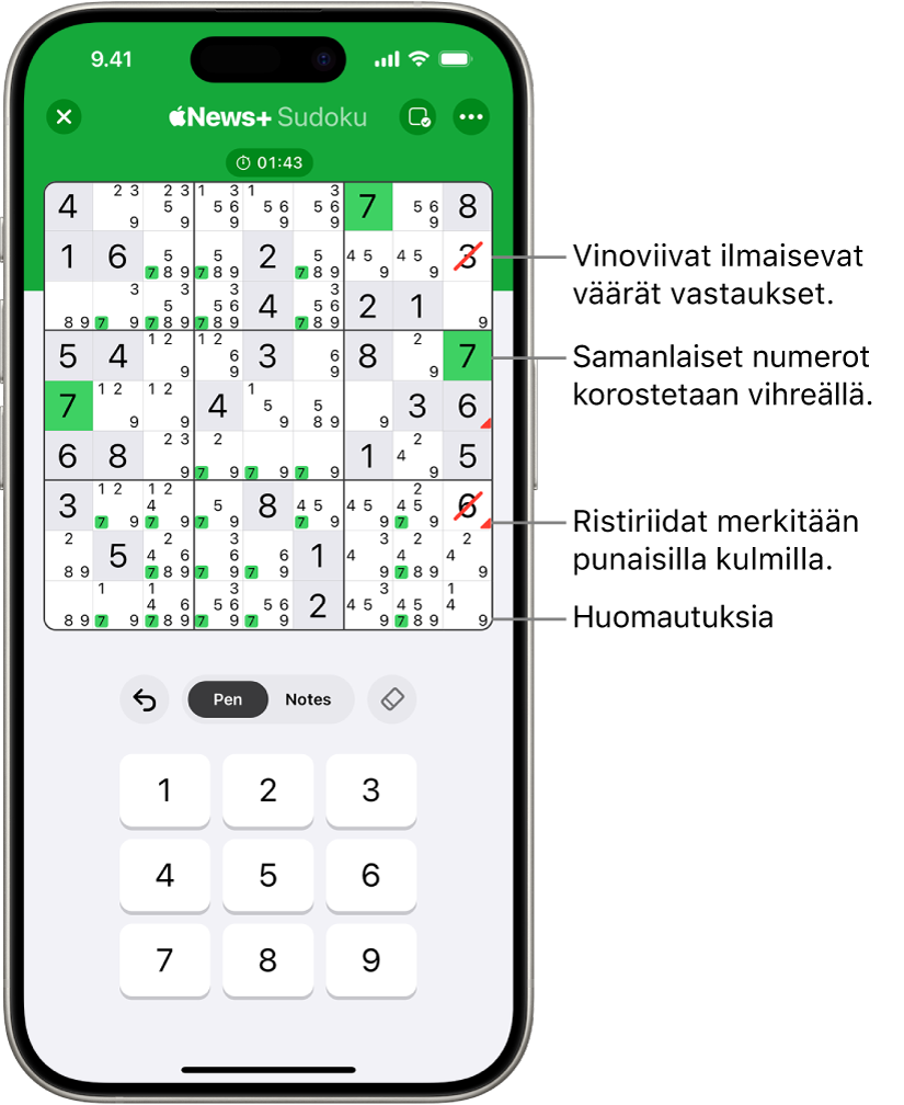 Sudoku, jossa on käytössä useita ominaisuuksia: Notes, Highlight Matching Numbers, Show Conflicts ja Autocheck.