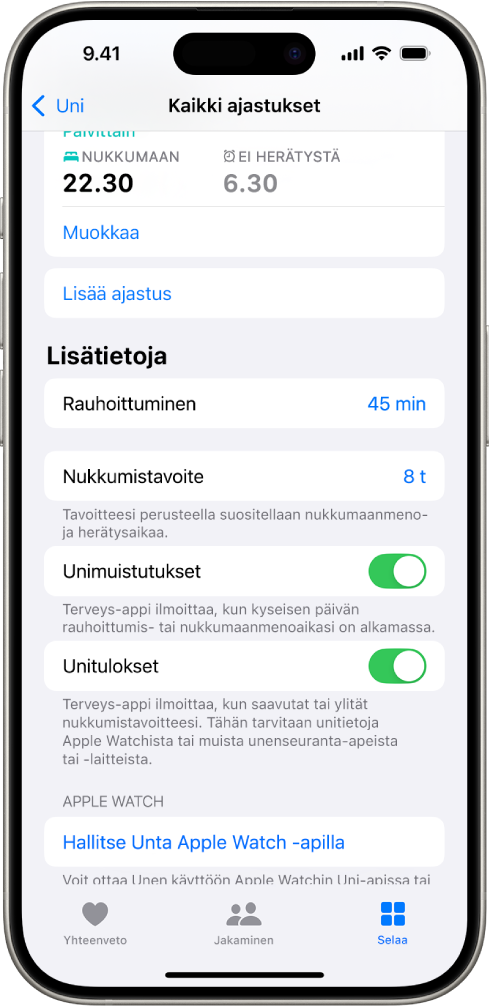 Kaikkien ajastusten näytön Lisätietoja-osio.