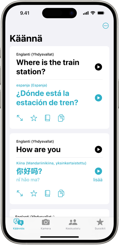 Käännä-välilehti, jolla näkyvät englannista espanjaan ja englannista mandariinikiinaan käännetyt lauseet.