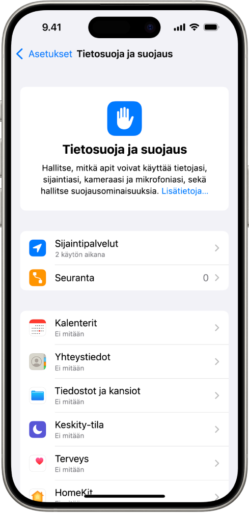 Tietosuoja ja suojaus -näyttö, jossa on Sijaintipalvelut- ja Seuranta-asetukset sekä asetukset, joilla hallitaan, mitkä apit voivat käyttää tietojasi.