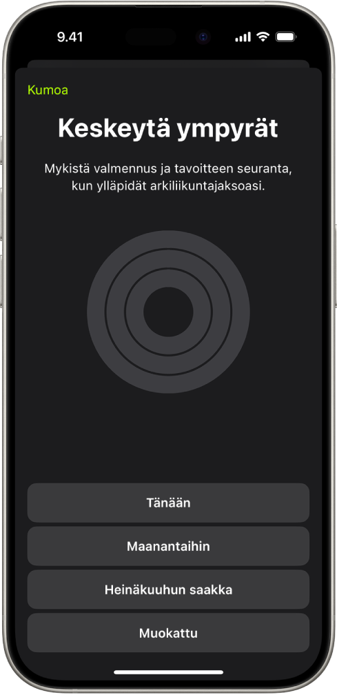 Kuntoilu-apin Keskeytä ympyrät -näyttö, jossa näkyvät vaihtoehdot aktiivisuusympyröiden keskeyttämiseksi.