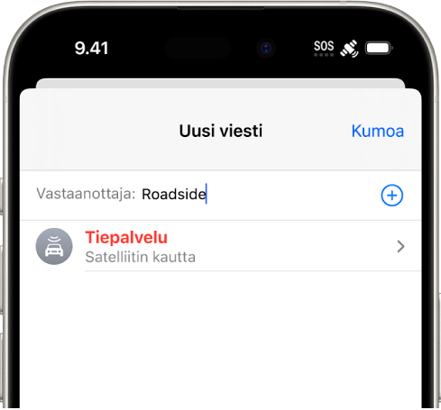 Tiepalveluille osoitettu uusi viesti. Alapuolella on linkki tiepalvelujen pyytämiseen satelliitin kautta.