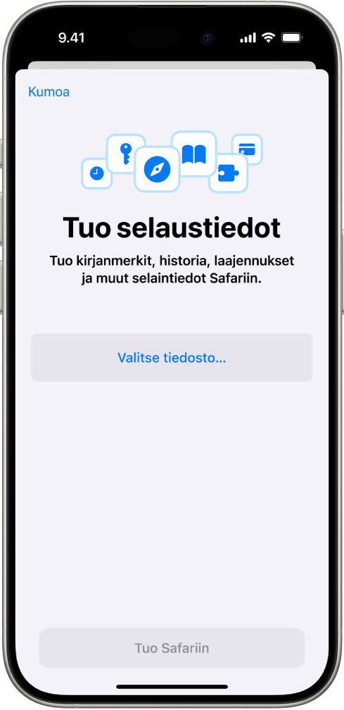 Tuo selaustiedot -näyttö, jossa näkyy Safariin toisesta selaimesta tuotavat tiedot.