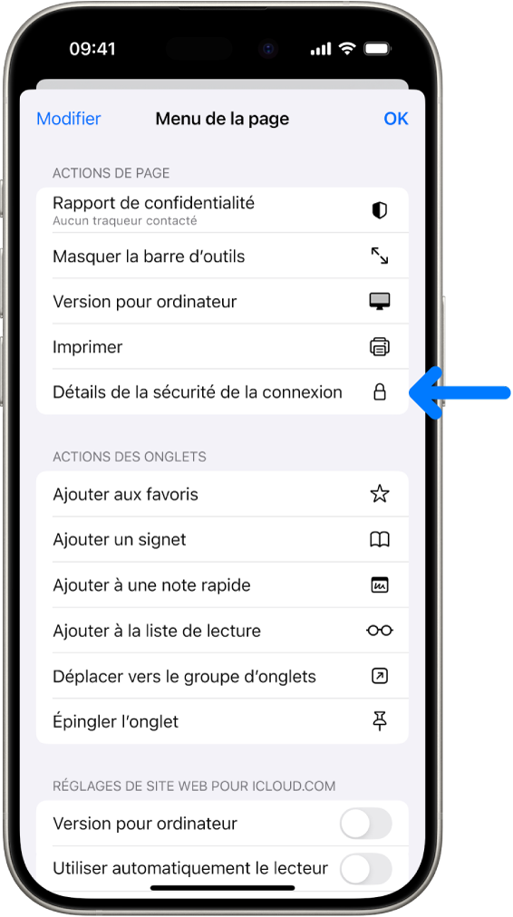 Le menu Réglages de la page est ouvert dans Safari et la commande Détails de la sécurité de la connexion se trouve vers le centre de la page.