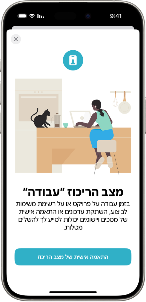 מסך עם שלוש אפשרויות של ״מצב ריכוז״ – ״נא לא להפריע״, ״אישי״, ״שינה״ ו״עבודה״. הכפתור ״שתף בכל המכשירים״ מאפשר לך להשתמש באותן הגדרות ״ריכוז״ על פני כל המכשירים שלך מתוצרת Apple שבהם התחברת לאותו חשבון Apple.