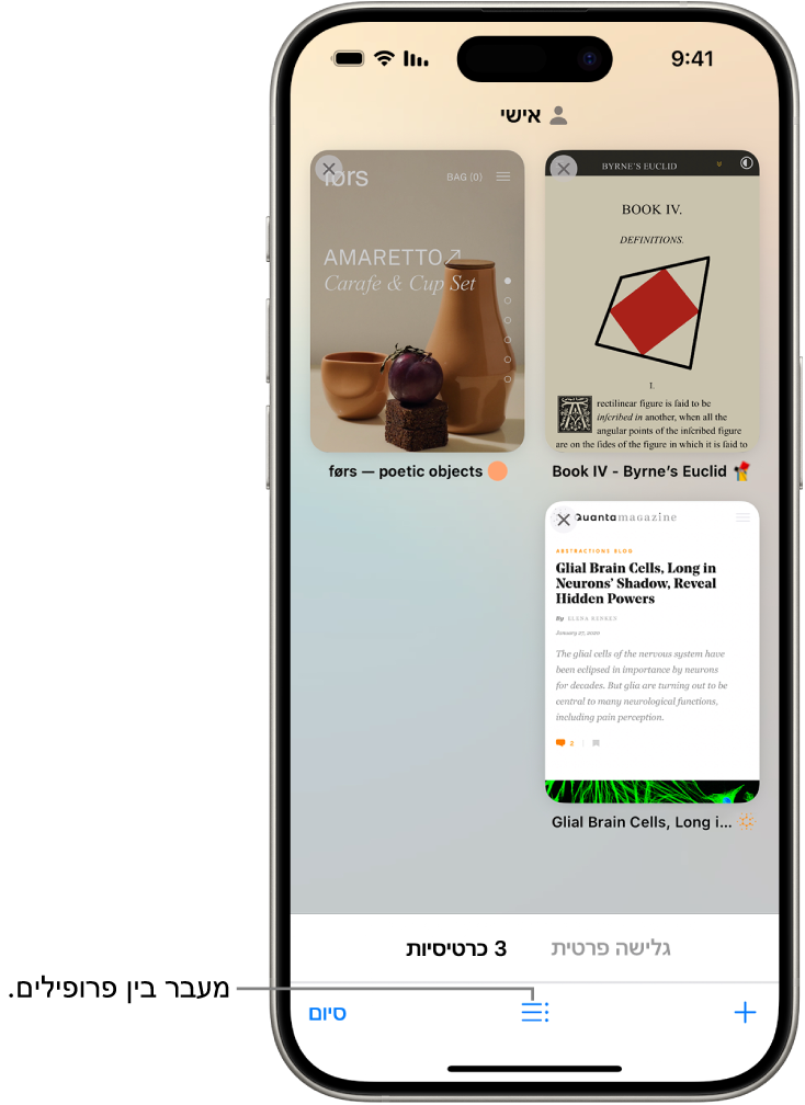 מסך של מכשיר iPhone, שמציג כרטיסיות פתוחות ב-Safari. האייקון של ״קבוצת כרטיסיות״ נמצא בתחתית המסך. יש להקיש על האייקון כדי לעבור בין פרופילים.
