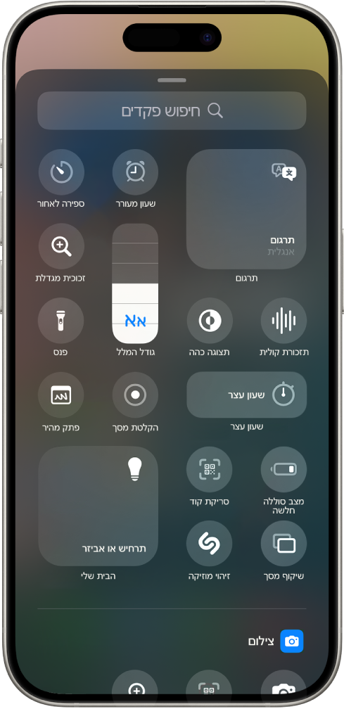 גלריית הפקדים, המציגה את כל הפקדים האופציונליים שאפשר להוסיף לקבוצות מרכז הבקרה ולחלק התחתון של מסך הנעילה.