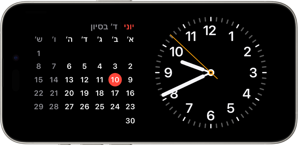 iPhone על הצד, לרוחב. הצד השמאלי של המסך מציג שעון והצד הימני מציג את התאריך.
