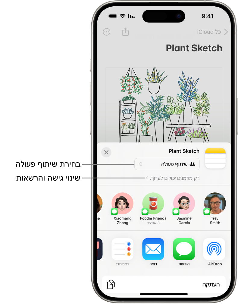 הזמנה לשיתוף פעולה בציור ב״פתקים״, שמציגה את ״שיתוף פעולה״ כאפשרות השיתוף ואת האפשרות ״רק מי שהוזמן על-ידך יכול לערוך״ כהגדרת גישה והרשאות. ארבעה נמענים אפשריים, כולל קבוצה, בשורה שמתחת. השורה התחתונה מציעה אופנים שונים לשיתוף הפתק: AirDrop, ״הודעות״, ״דואר״, ו‑Freeform.