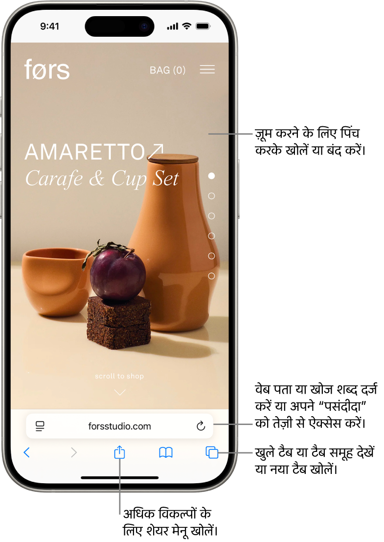 Safari में एक वेबसाइट खुलती है, जिसमें सबसे नीचे पता फ़ील्ड मौजूद होता है। सबसे नीचे, बाएँ से दाएँ, वापस, फ़ॉरवर्ड करें, शेयर करें, बुकमार्क और टैब बटन मौजूद हैं।