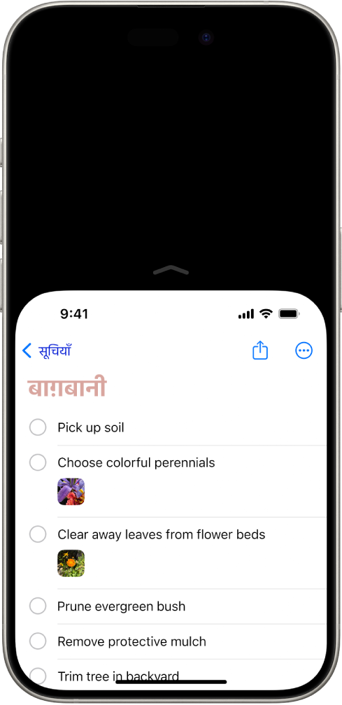 iPhone स्क्रीन जिस पर सुगमता सक्रिय है। स्क्रीन का शीर्ष नीचे मूव हो जाता है, ताकि आपका अँगूठा आसानी से यहाँ पहुँच सके।