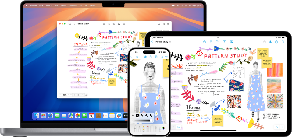 कोई Mac, iPad और iPhone, जिस पर एक ही Freeform बोर्ड खुला है।