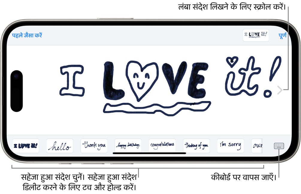 हाथ से लिखे गए संदेश लिखने के लिए कैनवास। नीचे की ओर, बाएँ से दाएँ, हाथ से लिखे आइटम और कीबोर्ड बटन सहेजे गए हैं।