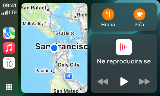 Nadzorna ploča CarPlaya s prikazom aplikacija Karte, Glazba i Poruke u Rubnom stupcu. S desne strane nalazi se karta Apple Parka, navigacijski prozor i novi prozor reprodukcije.