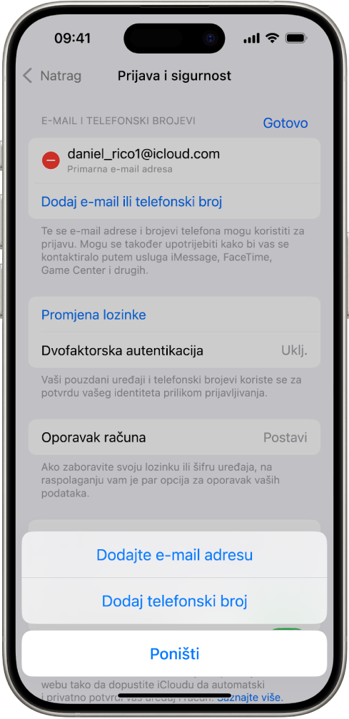Zaslon Prijava i sigurnost u Postavkama.